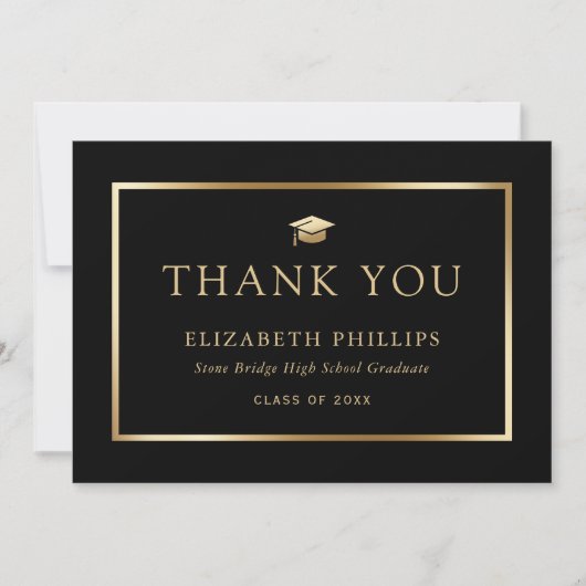 Elegant Black en Gold Afstuderen Bedankkaart (Voorkant)