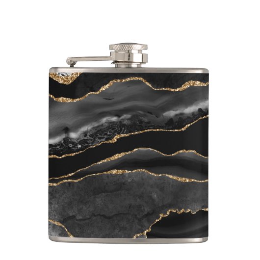 Elegant Black en Gold Agate Marble Heupfles (Voorkant)