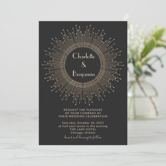 Elegant Black en Gold  Art Deco Wedding Kaart (Staand voorkant)