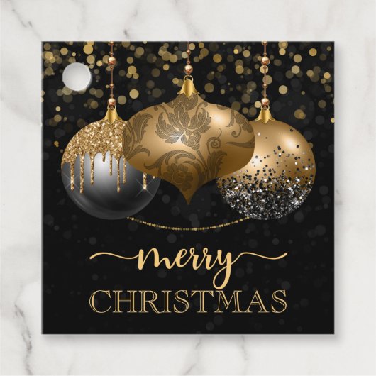 Elegant Black en Gold Baubles Merry kerst Bedankjes Labels (Voorkant)