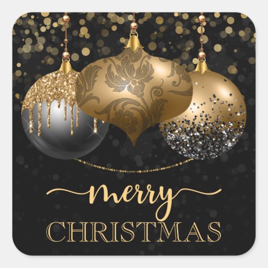 Elegant Black en Gold Baubles Merry kerst Vierkante Sticker (Voorkant)