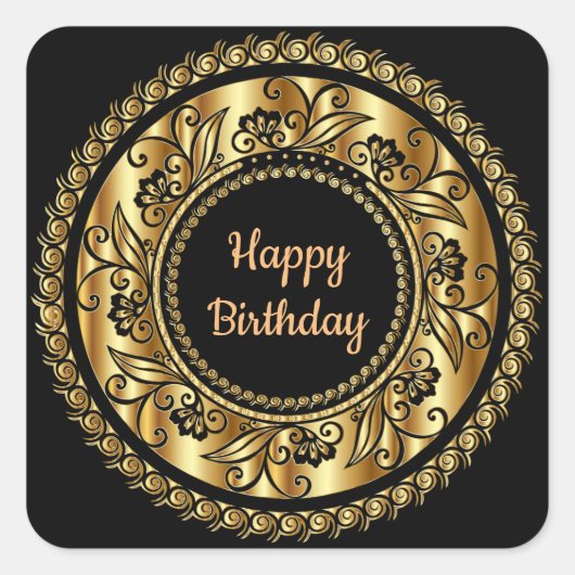 Elegant Black en Gold Birthday Vierkante Sticker (Voorkant)