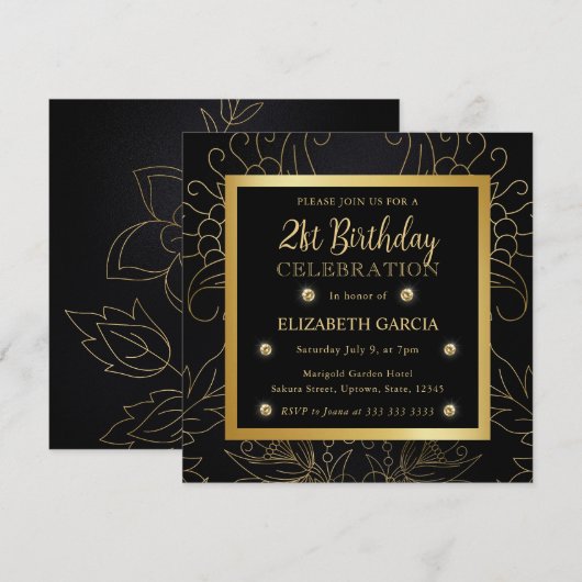 Elegant Black en Gold Botanical 21st Birthday Kaart (Voorkant / Achterkant)
