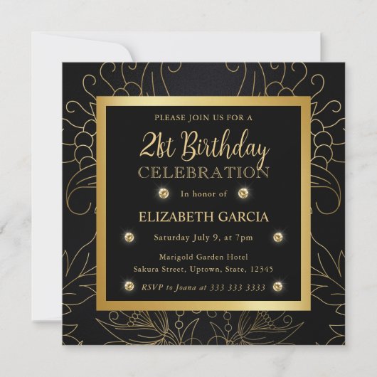 Elegant Black en Gold Botanical 21st Birthday Kaart (Voorkant)