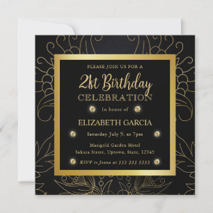 Elegant Black en Gold Botanical 21st Birthday Kaart