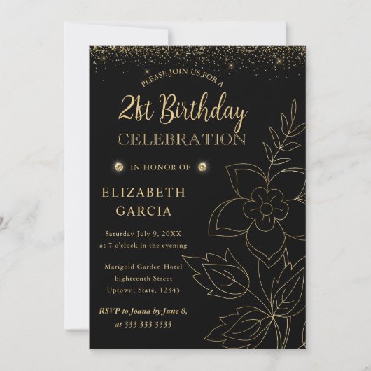 Elegant Black en Gold Botanical 21st Birthday Kaart (Voorkant)