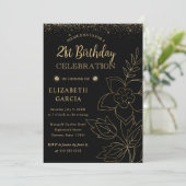 Elegant Black en Gold Botanical 21st Birthday Kaart (Staand voorkant)