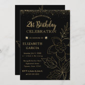 Elegant Black en Gold Botanical 21st Birthday Kaart (Voorkant / Achterkant)