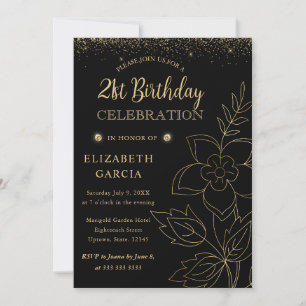 Elegant Black en Gold Botanical 21st Birthday Kaart