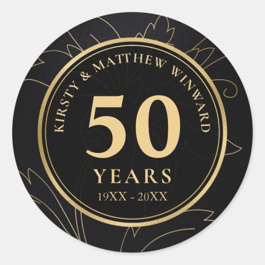 Elegant Black en Gold Botanical 50th Jubileum Ronde Sticker (Voorkant)