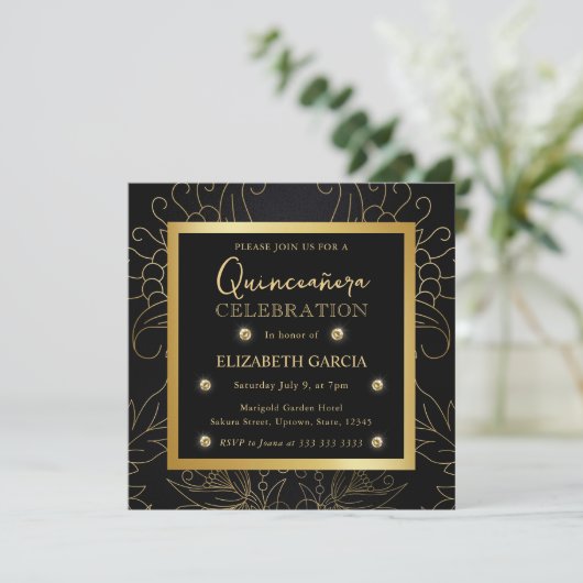 Elegant Black en Gold Botanical Quinceanera Kaart (Staand voorkant)