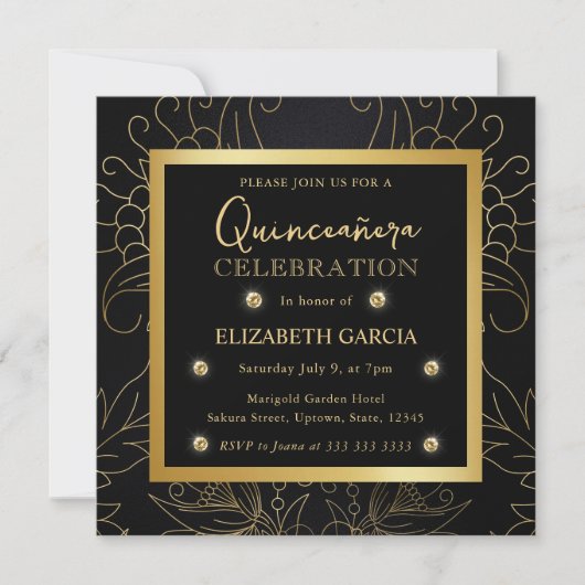 Elegant Black en Gold Botanical Quinceanera Kaart (Voorkant)