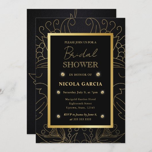 Elegant Black en Gold Botanical Vrijgezellenfeest Kaart (Voorkant / Achterkant)