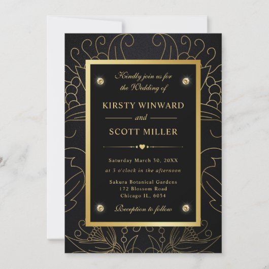 Elegant Black en Gold Botanical Wedding Kaart (Voorkant)