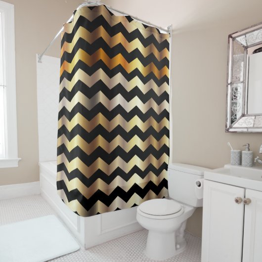 Elegant Black en Gold Chevron Stripes Douchegordijn (In situ)