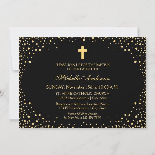 Elegant Black en Gold Cross Christening Baptisme Kaart (Voorkant)