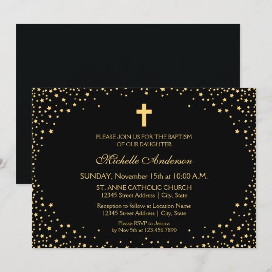 Elegant Black en Gold Cross Christening Baptisme Kaart (Voorkant / Achterkant)