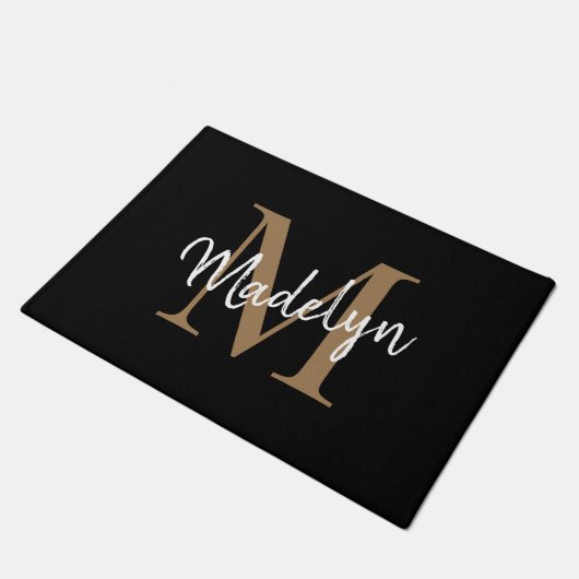 Elegant Black en Gold Custom Monogram Script Deurmat (Schuin)
