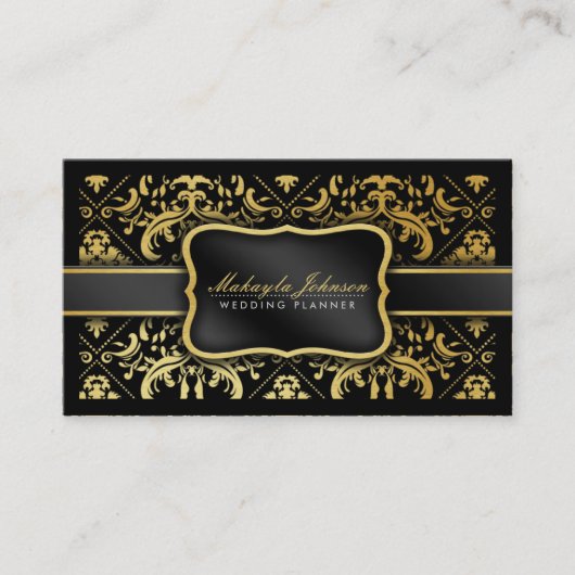 Elegant Black en Gold Damask bruiloft planner Visitekaartje (Voorkant)