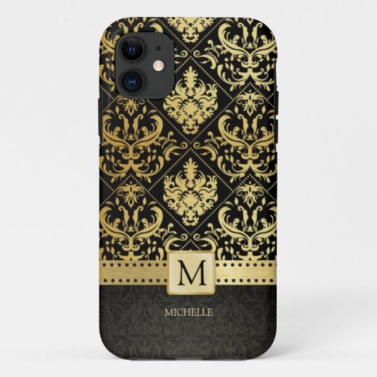 Elegant Black en Gold Damask met Monogram Case-Mate iPhone Case (Achterkant)