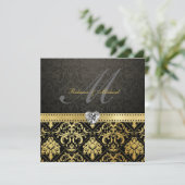 Elegant Black en Gold Damask met Monogram Kaart (Staand voorkant)