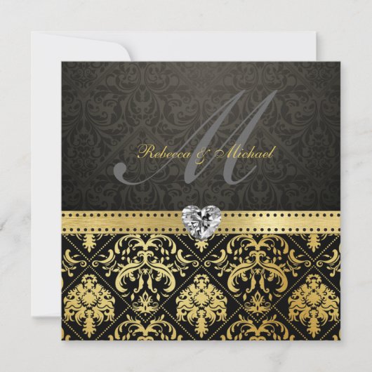 Elegant Black en Gold Damask met Monogram Kaart (Voorkant)