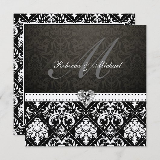 Elegant Black en Gold Damask met Monogram Kaart (Voorkant / Achterkant)
