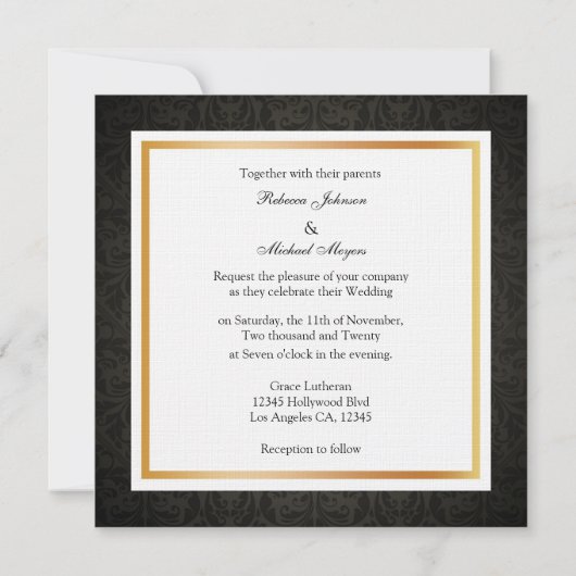 Elegant Black en Gold Damask met Monogram Kaart (Achterkant)