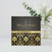 Elegant Black en Gold Damask met Monogram Kaart (Staand voorkant)