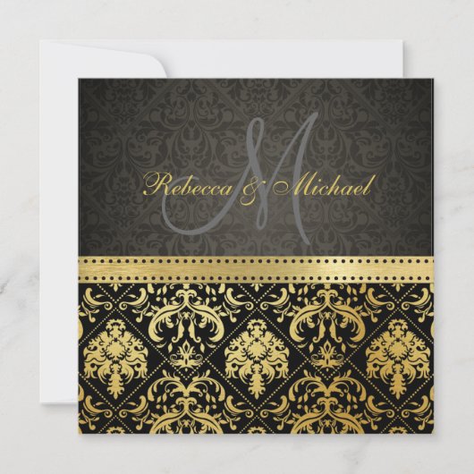 Elegant Black en Gold Damask met Monogram Kaart (Voorkant)