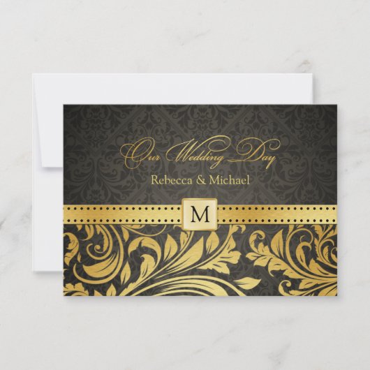 Elegant Black en Gold Damask met Monogram RSVP (Voorkant)