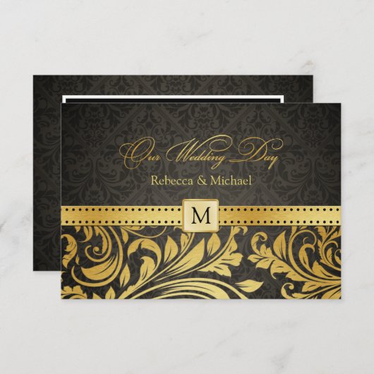 Elegant Black en Gold Damask met Monogram RSVP (Voorkant / Achterkant)