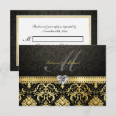 Elegant Black en Gold Damask met Monogram RSVP Kaartje (Voorkant / Achterkant)