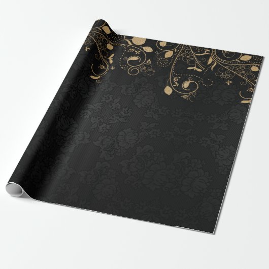 Elegant Black en Gold Damask Pattern Cadeaupapier (Uitgerold)