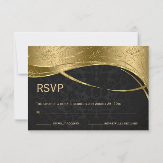 Elegant Black en Gold Damask RSVP Kaartje (Voorkant)