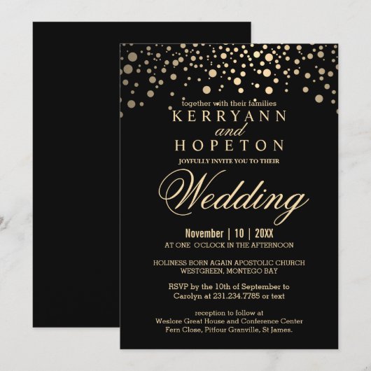 Elegant Black en Gold Faux Folie Stippen Uitnodigi Kaart (Voorkant / Achterkant)