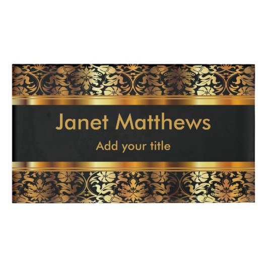 Elegant Black en Gold Floral Damask Naambadge (Voorkant)