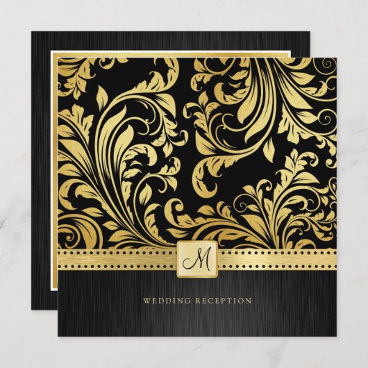 Elegant Black en Gold Floral Damask Reception Kaart (Voorkant / Achterkant)