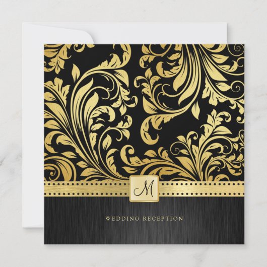 Elegant Black en Gold Floral Damask Reception Kaart (Voorkant)