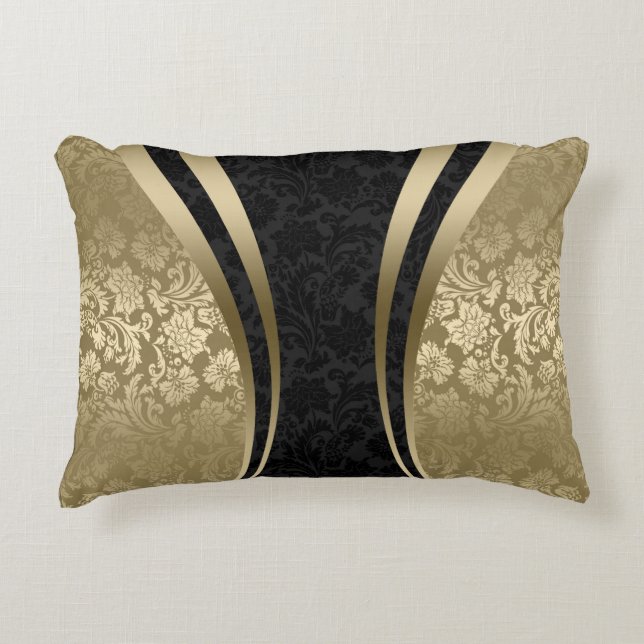 Elegant Black en Gold Floral Damaskers Accent Kussen (Voorkant)