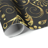 Elegant Black en Gold Floral Damaskers Cadeaupapier (Rol Hoek)