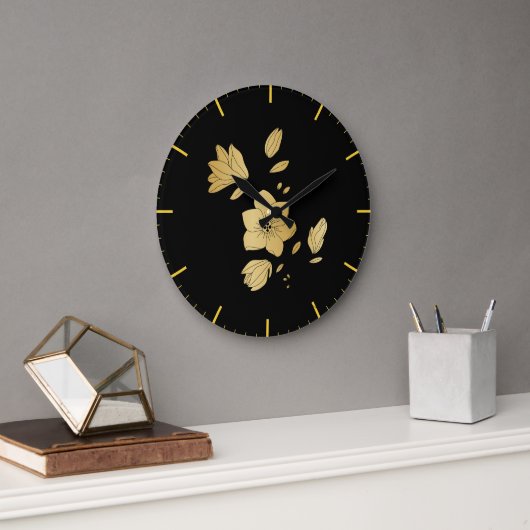 Elegant Black en Gold Floral Grote Klok (Kantoor)