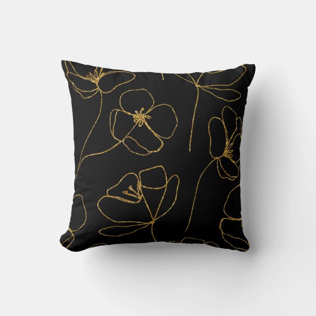 Elegant Black en Gold Floral Kussen (Voorkant)