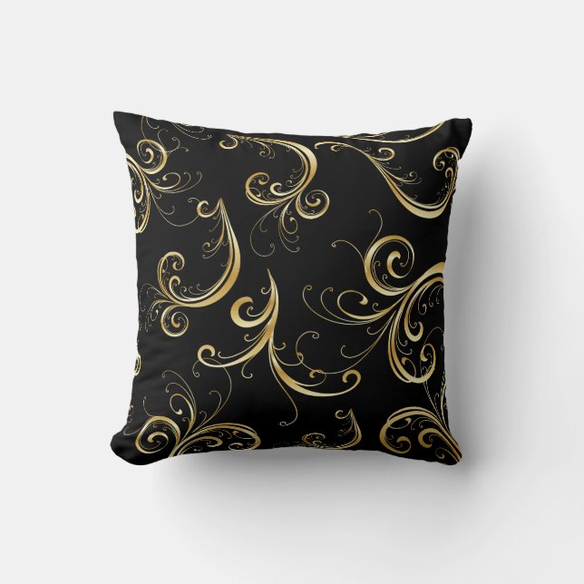 Elegant Black en Gold Floral Pattern Kussen (Voorkant)