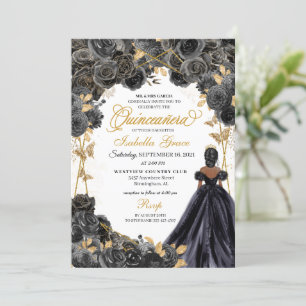 Elegant Black en Gold Floral Quinceanera Invitati Kaart