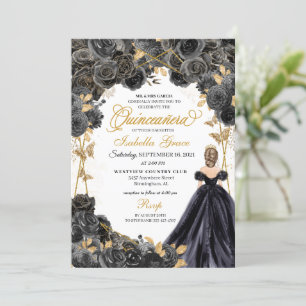 Elegant Black en Gold Floral Quinceanera Invitati Kaart