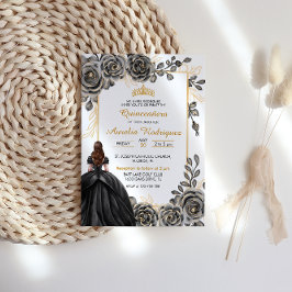 Elegant Black en Gold Floral Quinceanera Kaart