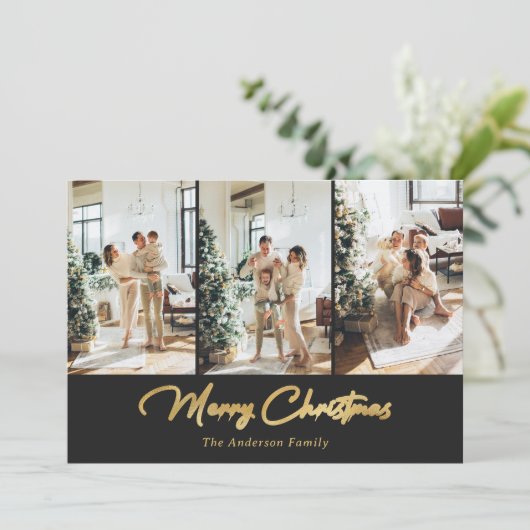 Elegant Black en Gold Foil Foto met prettig kerstf Feestdagenkaart (Staand voorkant)