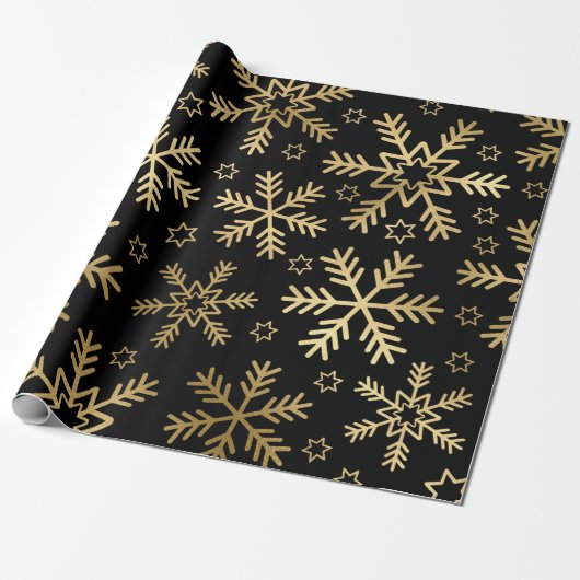 Elegant Black en Gold Foil Snowflakes kerst Cadeaupapier (Uitgerold)