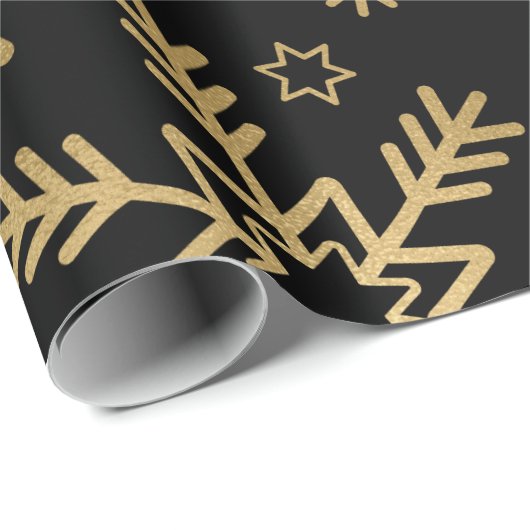 Elegant Black en Gold Foil Snowflakes kerst Cadeaupapier (Rol Hoek)